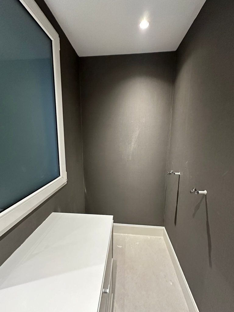 Aseo pintado en gris oscuro con espejo y lavabo